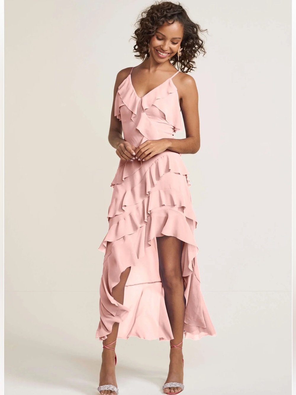 Venus Ruffle Tiered High-Low Slip Dress - Pink